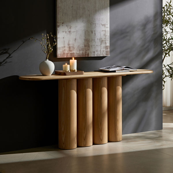 English Elm 66.93'' Slim Matte Console Table with Sculptural Cylinder Legs for Entryway or Foyer Natural W876S00338