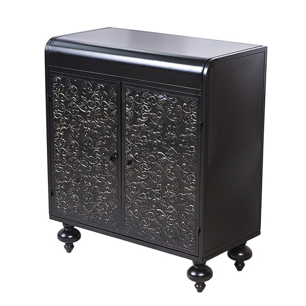 English Elm Art Accent Cabinet Antique Black Steel Sideboard with Embossed Pattern, Sturdy 75 lb Shelves & Rustic Charm W3122P272554