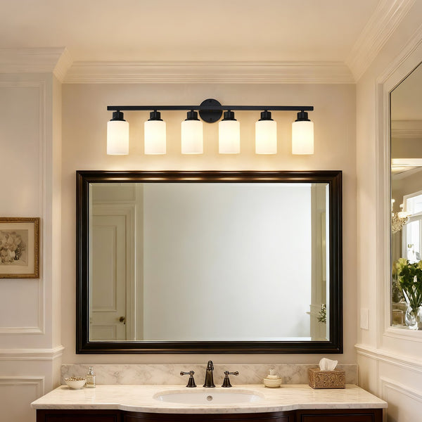 English Elm 6-light Matte Black Linear Wall Sconce White Glass Shades for Bedroom or Vanity W5008P389852
