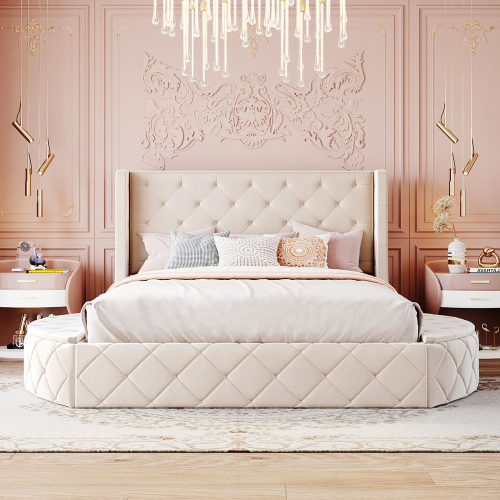English Elm Upholstered Queen Platform Bed Velvet Wingback Storage Drawer with Side Stools LP100815AAA