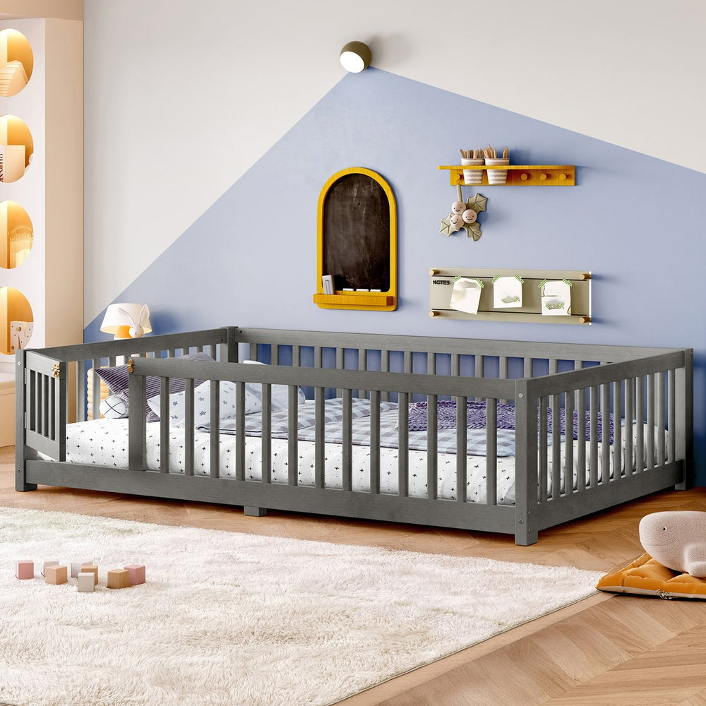 English Elm Twin Floor Bed Solid Pine Frame with Guardrails and Door for Safe Kid Sleep W1580P433578