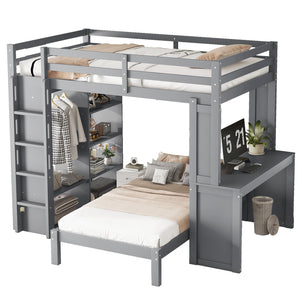 English Elm Full Solid Wood Loft Bed with Removable Lower Bed, Built-In Desk, Shelves & Wardrobe for Space-Saving Designs Grey W1580S00212