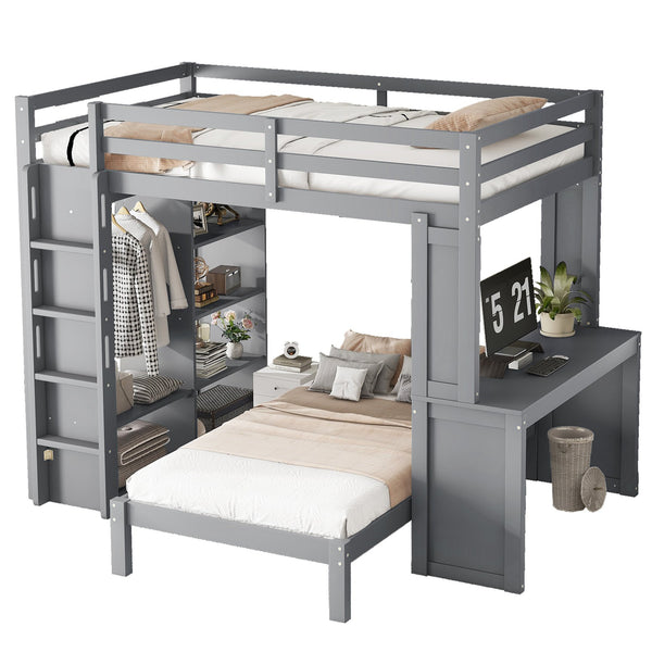 English Elm Full Solid Wood Loft Bed with Removable Lower Bed, Built-In Desk, Shelves & Wardrobe for Space-Saving Designs Grey W1580S00212