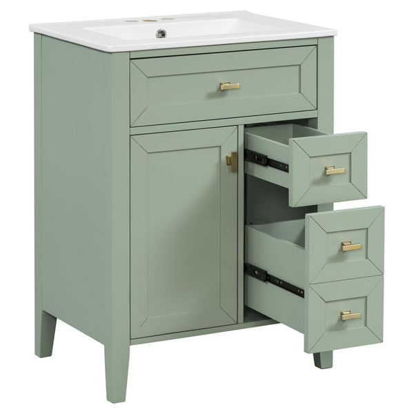 English Elm "24'' 24 Inch Glossy Freestanding Bathroom Vanity with Gold Hardware and Soft Close Storage Green Rubberwood N725P448529F