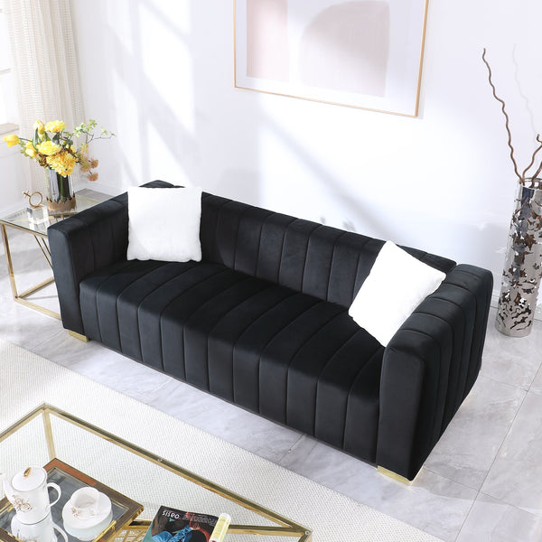 English Elm A Modern Channel Sofa - Luxurious Black Velvet Chesterfield 3-Seater For Stylish Living Spaces W1099S00128