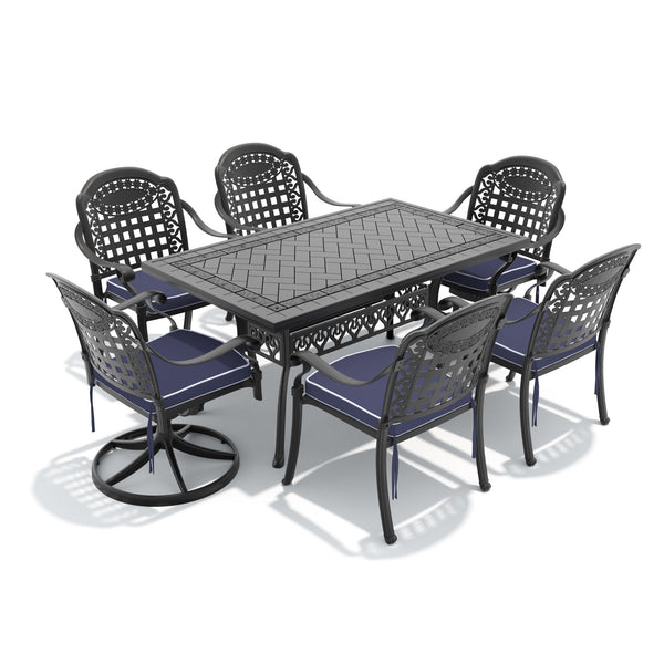 English Elm 7-piece Cast Aluminum Outdoor Dining Set with Carved Detail and Swivel Chairs W1710S00378