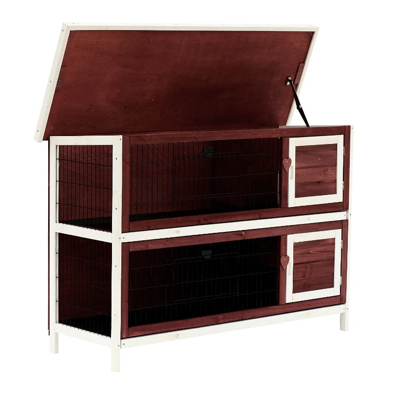 English Elm Spacious Two-story Fir Wood Rabbit Hutch with Shingle Roof for Outdoor Patio Use T3971P436488