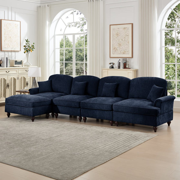 English Elm Classic Three Seater Modular L-Shaped Sectional Sofa With Flared Arms, Ruffled Skirts & Ottoman W3041S00261