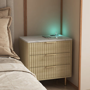English Elm Nightstand With Smart Charging Station & Voice-Controlled Night Light - Modern Design With Storage Options W1321P374318