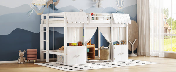 English Elm Full Loft Bed With Bookshelf & Storage - Amusement Park Design, Safety Guardrails, Cozy White Finish W1580S00358