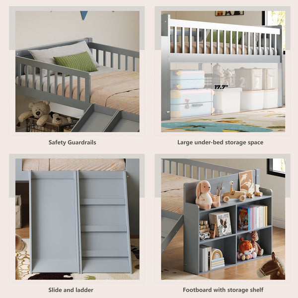 English Elm Twin Platform Kids Bed with Slide Ladder Guardrails Storage Shelf Wood Frame Gray N733S415411E