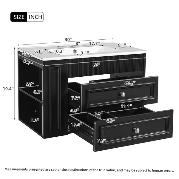 English Elm 30'' Wall Mounted Bathroom Vanity with Ceramic Sink, Floating MDF Cabinet, Soft-Close Drawers & Ample Storage Black N710P334915B