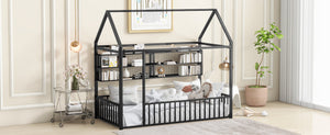 English Elm Twin House Frame Bed Powder Coated Steel with Built in Shelves for Kids Room N737P175360B
