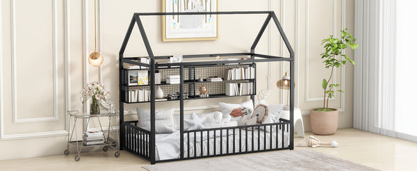English Elm Twin House Frame Bed Powder Coated Steel with Built in Shelves for Kids Room N737P175360B