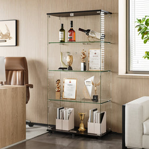 English Elm Glass Display Cabinet with Lockable Double Doors Four Tempered Shelves Matte Black Frame W3190S00003