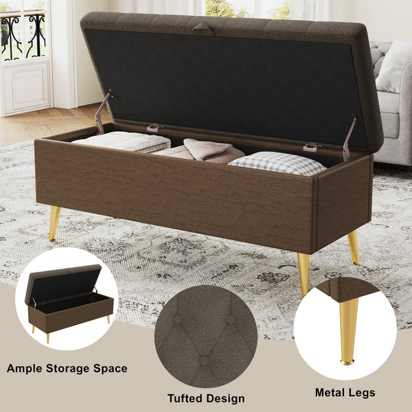 English Elm Modern Boucle Tufted Storage Ottoman Bench with Gold Legs for Bedroom or Entryway Coffee N719P305620D