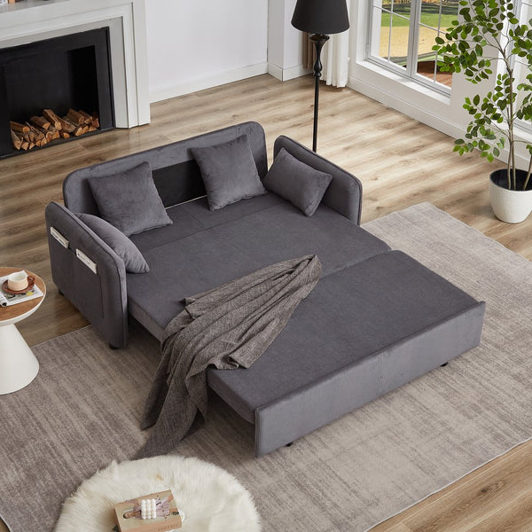 English Elm FX'' 66 Inch Sleeper Sofa Bed 3-in-1 Convertible Pullout Sofa with Plush Corduroy, 4 Pillows, Pockets Grey W1926S00059