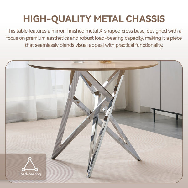 English Elm 37inch Round Dining Table Warm Wood Grain Top Silver Tripod Base Seats Four W3357P395501