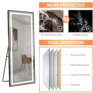 English Elm 64 64 inch x 21 inch LED Full-Length Mirror with Adjustable Stand & Wall Mount, 3-Temp Dimmable Black W2709P305306