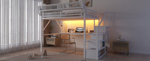 English Elm Queen Loft Bed With Desk & Charging Station - Space-Saving Metal Bed For Kids & Teens, White Finish W2580S00045-GIGA