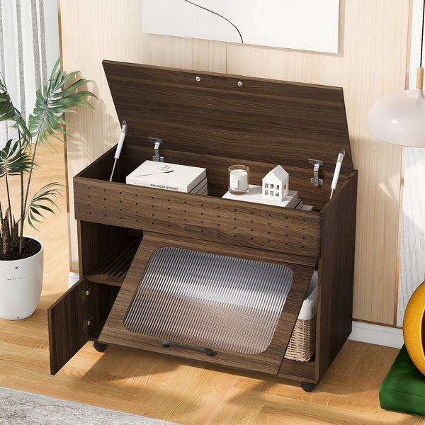 English Elm 2 IN 1 Multi-use Cat Litter Box Enclosure Walnut Side Table with Storage, Mid-Century Modern Buffet Cabinet, Flip-Up Door, Rollers, Large Capacity — 35.5"L x16.3"W x27.2"H N843P254845W