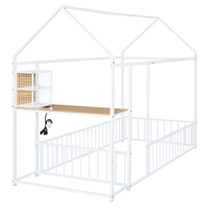 English Elm Twin House Bed Frame with Roof & Fence, Metal Twin Loft with Built-In Desk Shelves USB Outlets White N737P173490K