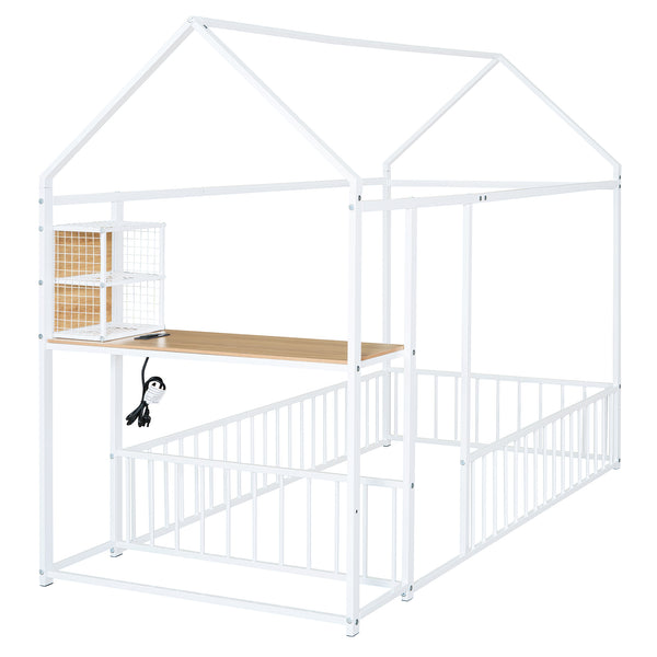 English Elm Twin House Bed Frame with Roof & Fence, Metal Twin Loft with Built-In Desk Shelves USB Outlets White N737P173490K
