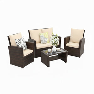 English Elm 4-piece Outdoor Wicker Conversation Set with Tempered Glass Table and Resort Style Brown B082S00060
