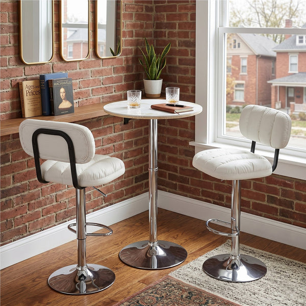 English Elm Set of 2 Adjustable Pu Leather Barstools with Chrome Base for Kitchen or Home Bar White+Silver W3875P378574