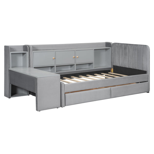 English Elm Twin Upholstered Daybed with Velvet Finish, High Back Shelves, Flip Cabinets, Drawers & Side Table Gray SF000196AAE