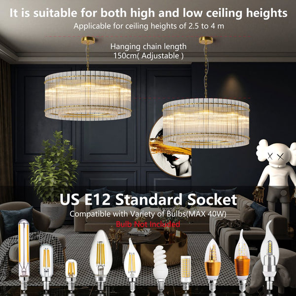 English Elm 37" Modern Round Crystal Chandelier, 2-Tier 8-Light LED Semi-Flush, Dimmable Touch Control, Adjustable Height Gold W1340P332561