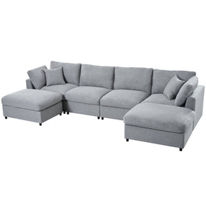 English Elm U_style Six Seat Chenille U Shaped Sectional Modular Sofa with Movable Ottomans Grey WY000474AAE