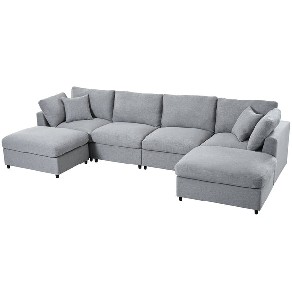 English Elm U_style Six Seat Chenille U Shaped Sectional Modular Sofa with Movable Ottomans Grey WY000474AAE