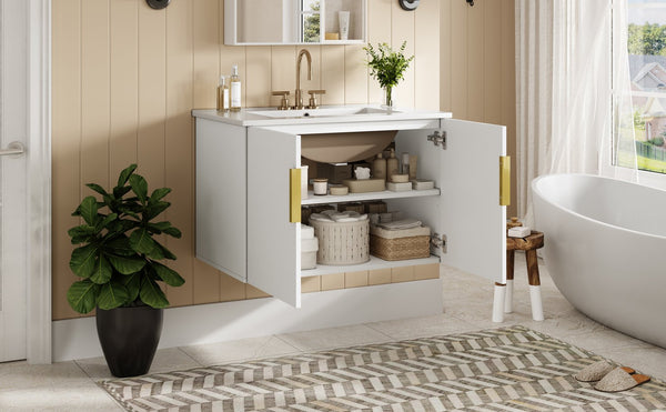 English Elm 30" Vintage Bathroom Vanity with Ceramic Sink — Wall-Mount MDF & Solid Wood Cabinet, Storage, Sleek Finish White N710P214100K