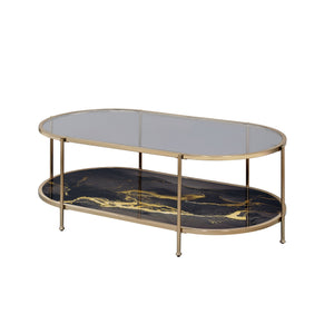English Elm Fiorella Metal Frame Coffee Table with Glass Top and Champagne Finish, Marbled Lower Shelf Accent Black 54 L x 29 W x 5 H B2726P251673