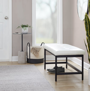 English Elm Bench Upholstered in Faux Leather with Powder Coated Frame for Bedroom or Entryway Black,White B202S02137