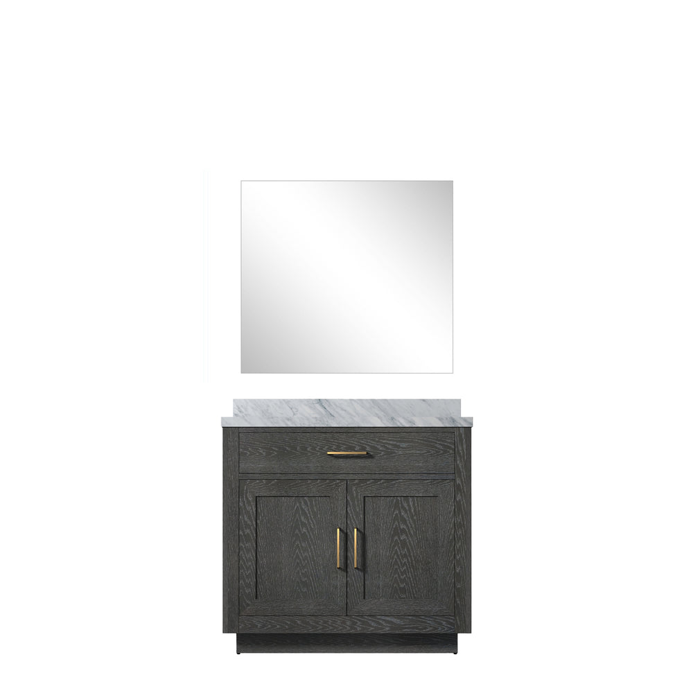 English Elm Black Oak Single Bath Vanity With Carrara Marble Top & 34" Frameless Mirror - Stylish Storage Solution B2731S02114