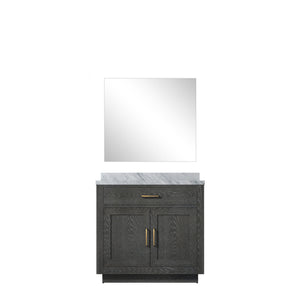 English Elm Black Oak Single Bath Vanity With Carrara Marble Top & 34" Frameless Mirror - Stylish Storage Solution B2731S02114