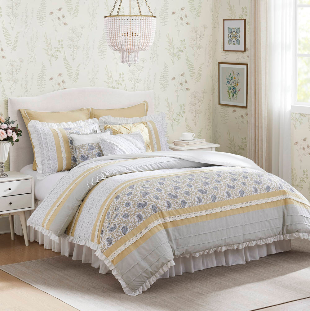 English Elm 9 Piece Cotton Percale Comforter Set - Chic Yellow Queen Ensemble With Vintage Paisley & Pillows B03597196