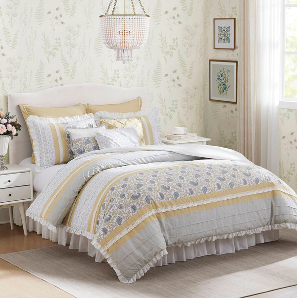 English Elm 9 Piece Cotton Percale Comforter Set - Chic Yellow Queen Ensemble With Vintage Paisley & Pillows B03597196