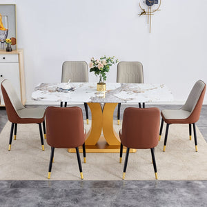 English Elm Table Luxurious Pandora Glass Dining Set With Golden C-Shaped Legs & 6 Ergonomic Pu Chairs, 71"X35.4" W1151S03248-GIGA