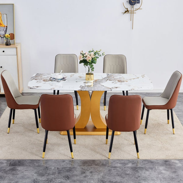 English Elm Table Luxurious Pandora Glass Dining Set With Golden C-Shaped Legs & 6 Ergonomic Pu Chairs, 71"X35.4" W1151S03248-GIGA