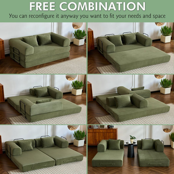 English Elm 59'' Corduroy Convertible Floor Sofa Sleeper with Bolster Pillow for Small Spaces Green W3434P406617