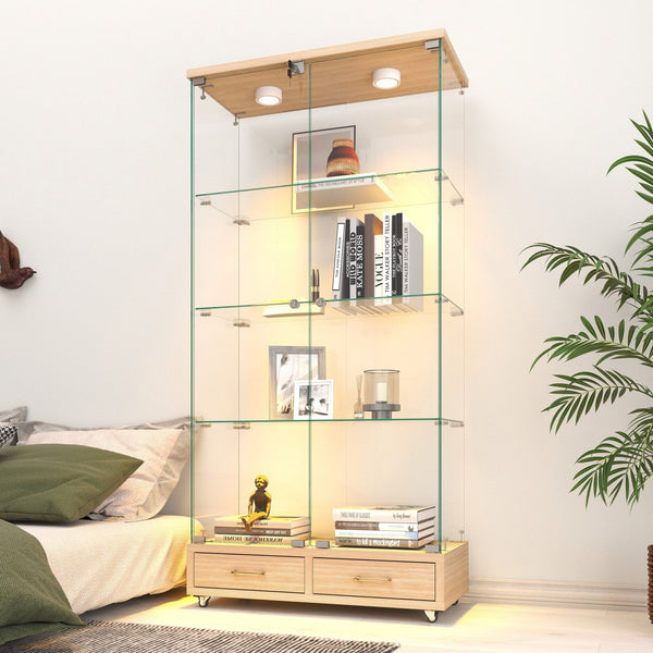 English Elm Modern Glass Display Cabinet With Led Lighting, 2 Drawers & 4 Shelves For Stylish Storage Solutions W241S00060