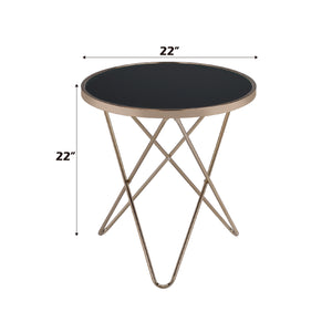 English Elm Valora Round Black Glass End Table with Champagne Overlapped V Metal Base, Sleek 40lb Capacity B2726P370414