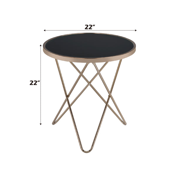 English Elm Valora Round Black Glass End Table with Champagne Overlapped V Metal Base, Sleek 40lb Capacity B2726P370414