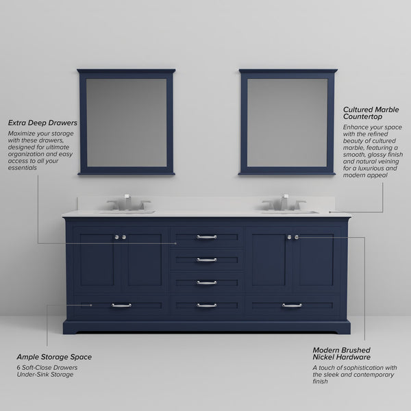English Elm Navy Double Bath Vanity 80" W x 22" D with Cultured Marble Top, Chrome Faucets & 30" Mirrors — Durable B2731S01086