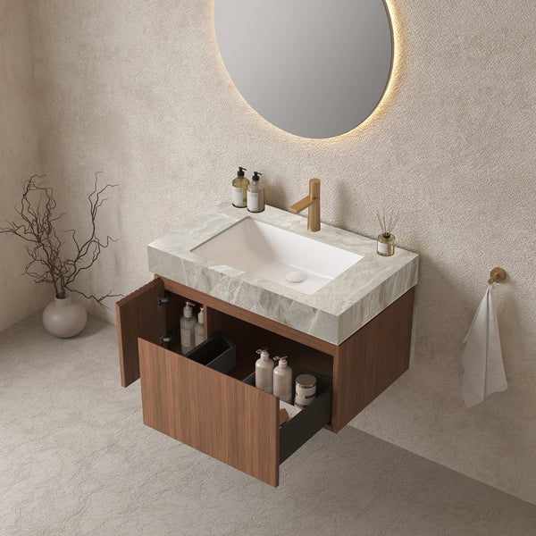 English Elm MURI Luxury Wall-Mounted 30" Bathroom Vanity with Sintered Stone Countertop and Ceramic Basin, Plywood Cabinet Brown Oak,Light Gray W2615S00331