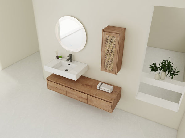 English Elm 60 Inch Wall-Mounted Bathroom Vanity Set With Resin Sink, Soft-Close Drawers & Side Cabinet Storage W999S00357