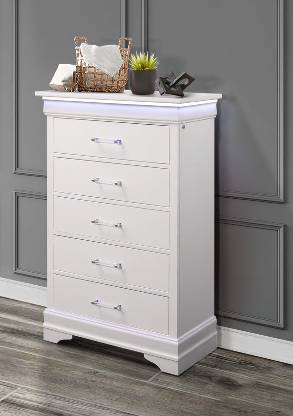 English Elm CHARLSTON Solid Wood 5-Drawer Chest with Built-In LED Lighting, Spacious Transitional Bedroom Storage White 35.63 L x 19.49 W x 52.17 H B201P215710